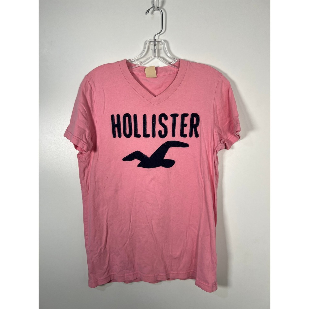 Hollister Pink V-Neck Graphic T-Shirt Logo Seagull Cotton Surf Y2K Medium